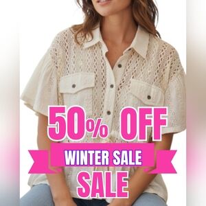 ↘️ Dropped ❄️ POL Coquette Crochet Shacket Cut Out Tie Top Small Cream Raw Hem